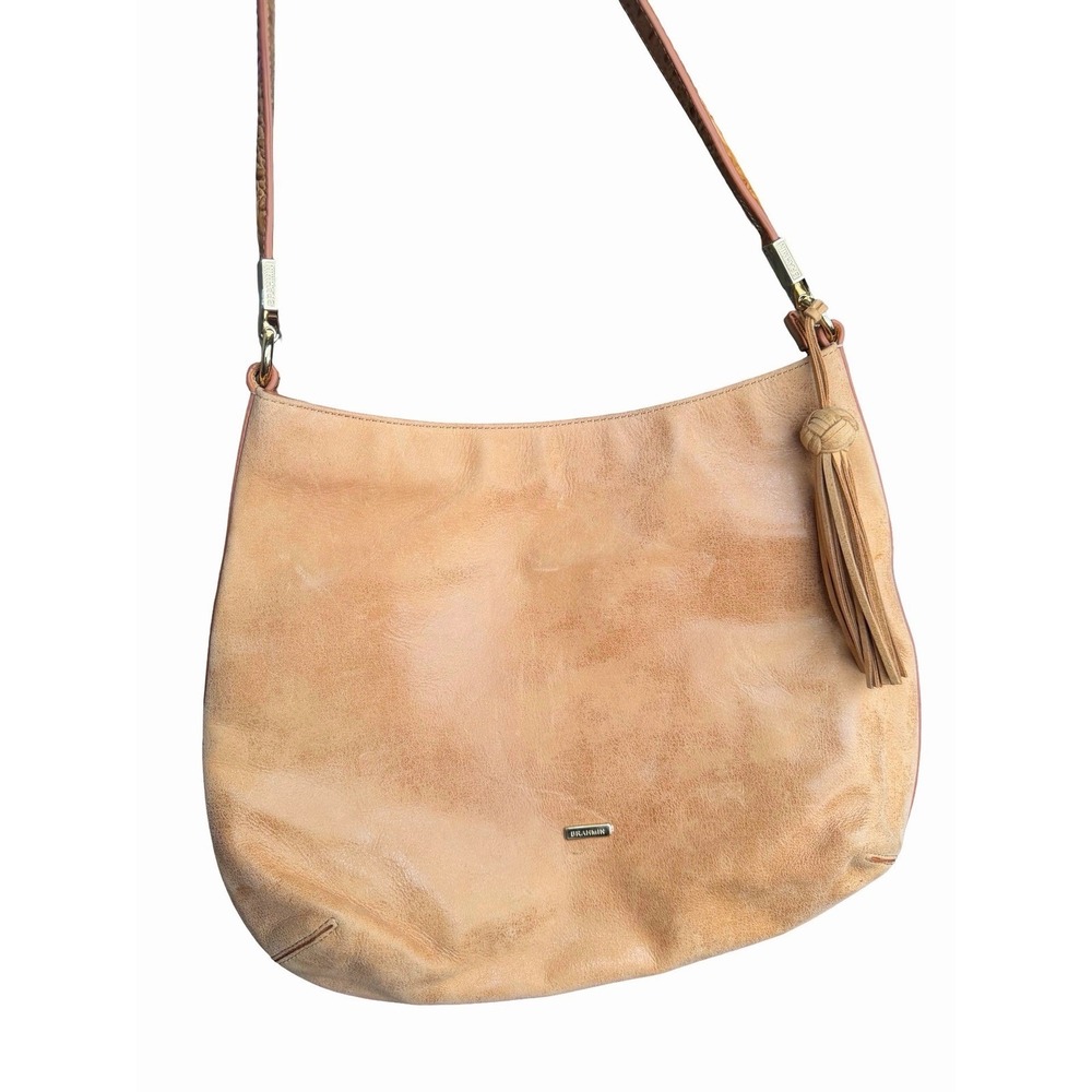 BRAHMIN Suede Leather Shoulder Bag 2 toned Honey Tan Rare Croc Embossed Trim